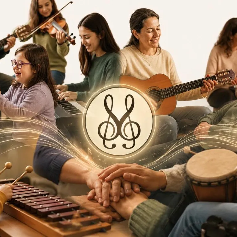 Ilustración de personas participando en diferentes actividades musicales inclusivas