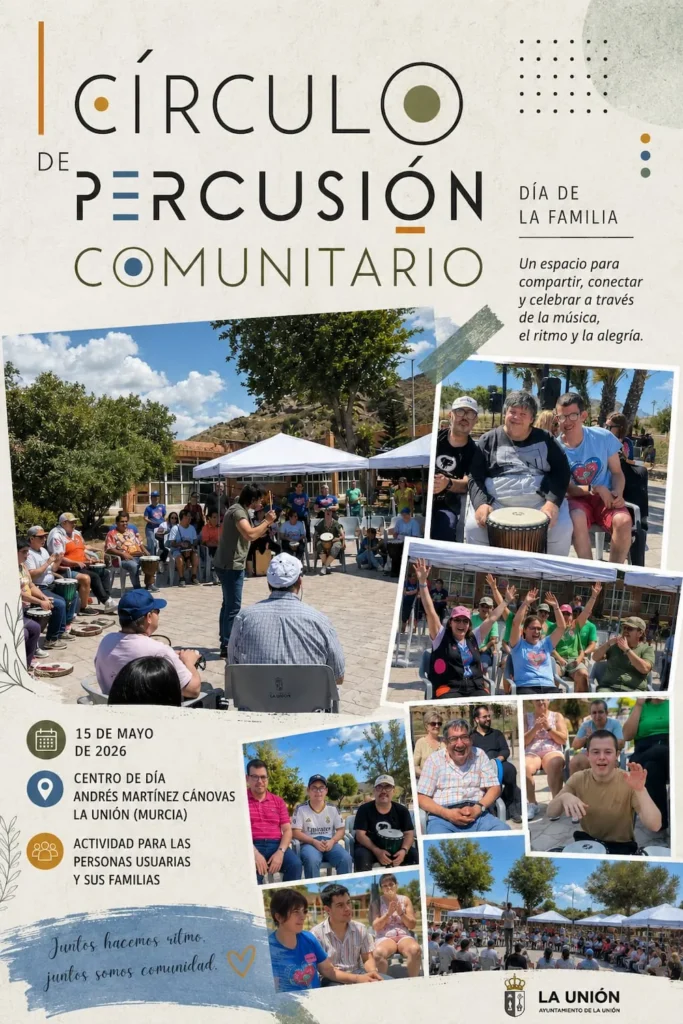 Cartel del Círculo de Percusión Comunitario por el Día de la Familia en La Unión, Murcia