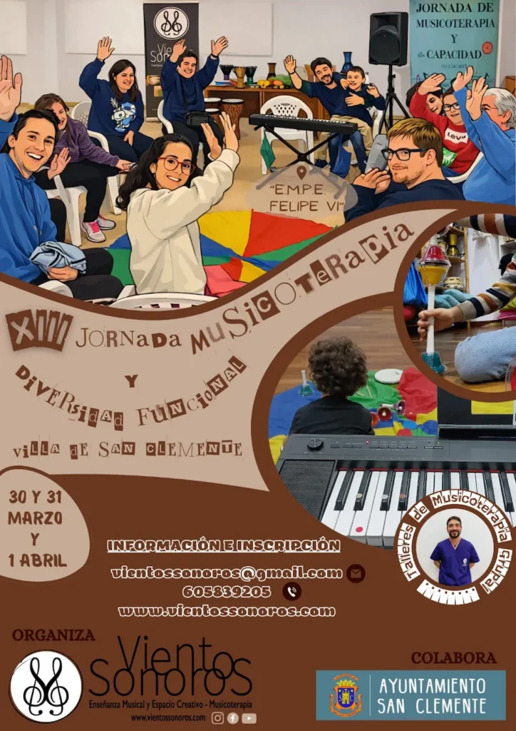 Cartel de las XIII Jornadas de Musicoterapia y Diversidad Villa de San Clemente 2026